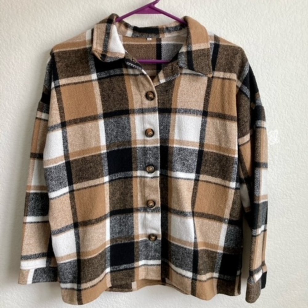 Women's Fall Color Block Plaid Flannel Jacket Button Down Shirt Coat Tops